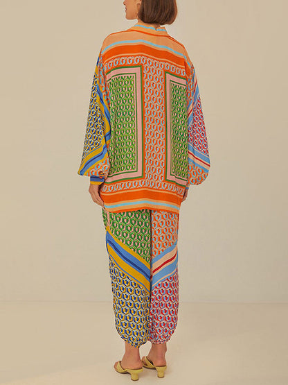 Multi-Color Patchwork Long-Sleeved Lapel Shirt Top + Baggy Pants Pocket Casual Pants Two-Piece Set