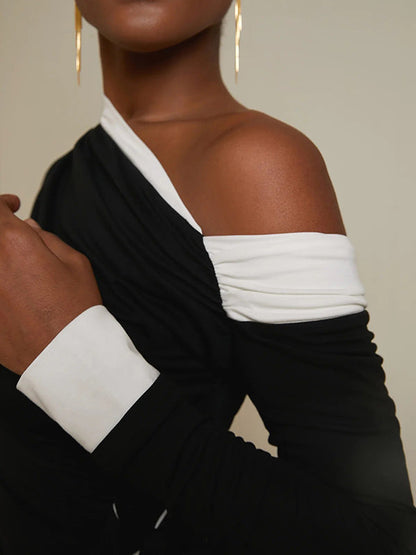 Long Sleeves Asymmetric Contrast Color Pleated Split-Joint One-Shoulder Evening Dresses Maxi Dresses