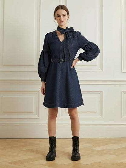 Long Sleeves Puff Sleeves Belted Bow-Embellished Solid Color V-Neck Mini Dresses