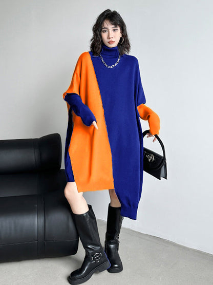 Batwing Sleeves Hipster Asymmetric Contrast Color Split-Joint High-Neck Midi Dresses Sweater Dresses