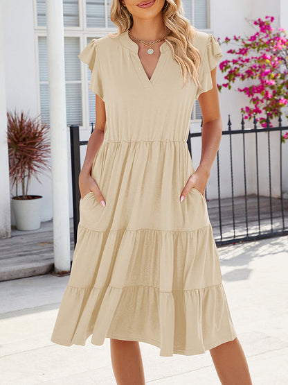 Loose Ruffle Sleeves Pleated Pockets Solid Color Split-Joint V-Neck Midi Dresses