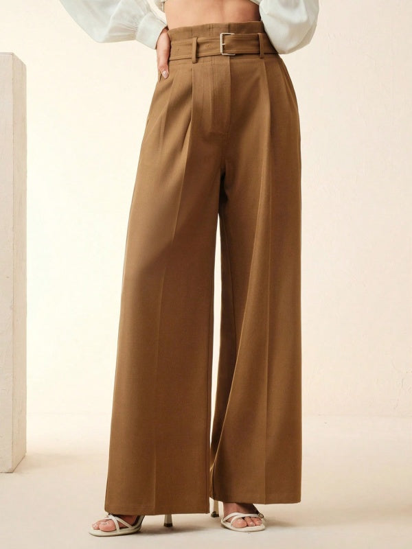 Loose Straight Leg Belted Pockets Solid Color Zipper Casual Pants Bottoms Trousers