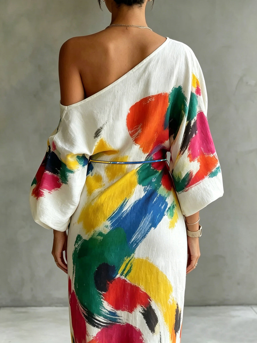 Long Sleeves Loose Asymmetric Contrast Color Pockets Printed One-Shoulder Maxi Dresses