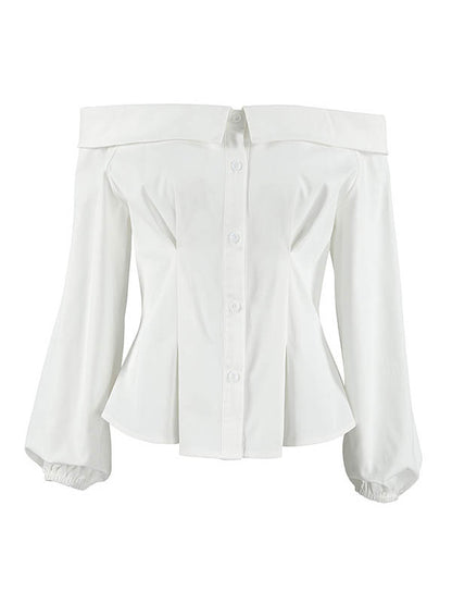 Long Sleeves Loose Buttoned Elasticity Pockets Solid Color Off-The-Shoulder Blouses&Shirts Tops