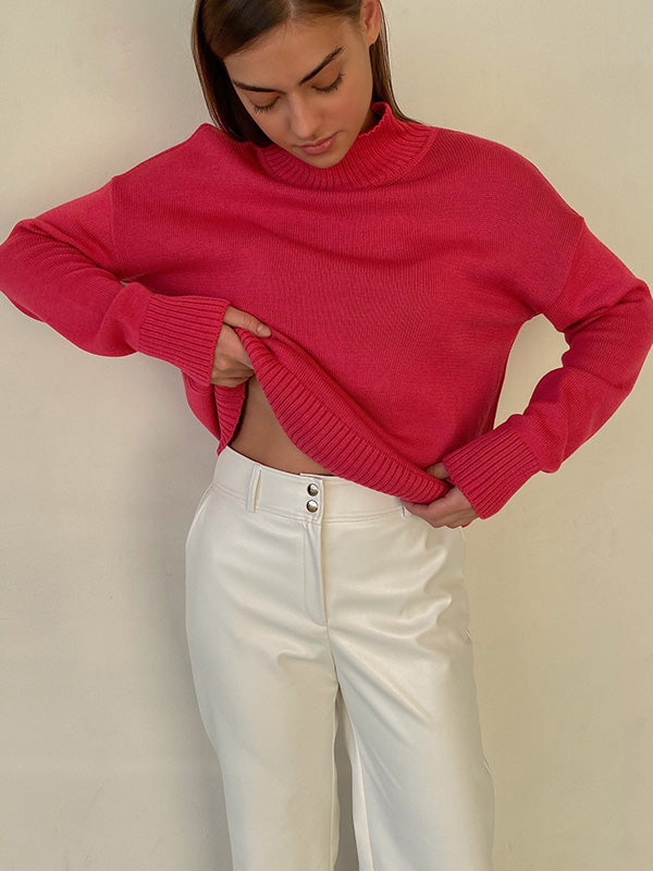 Casual Long Sleeves Loose Solid Color High-Neck Sweater Tops FUSCHIA