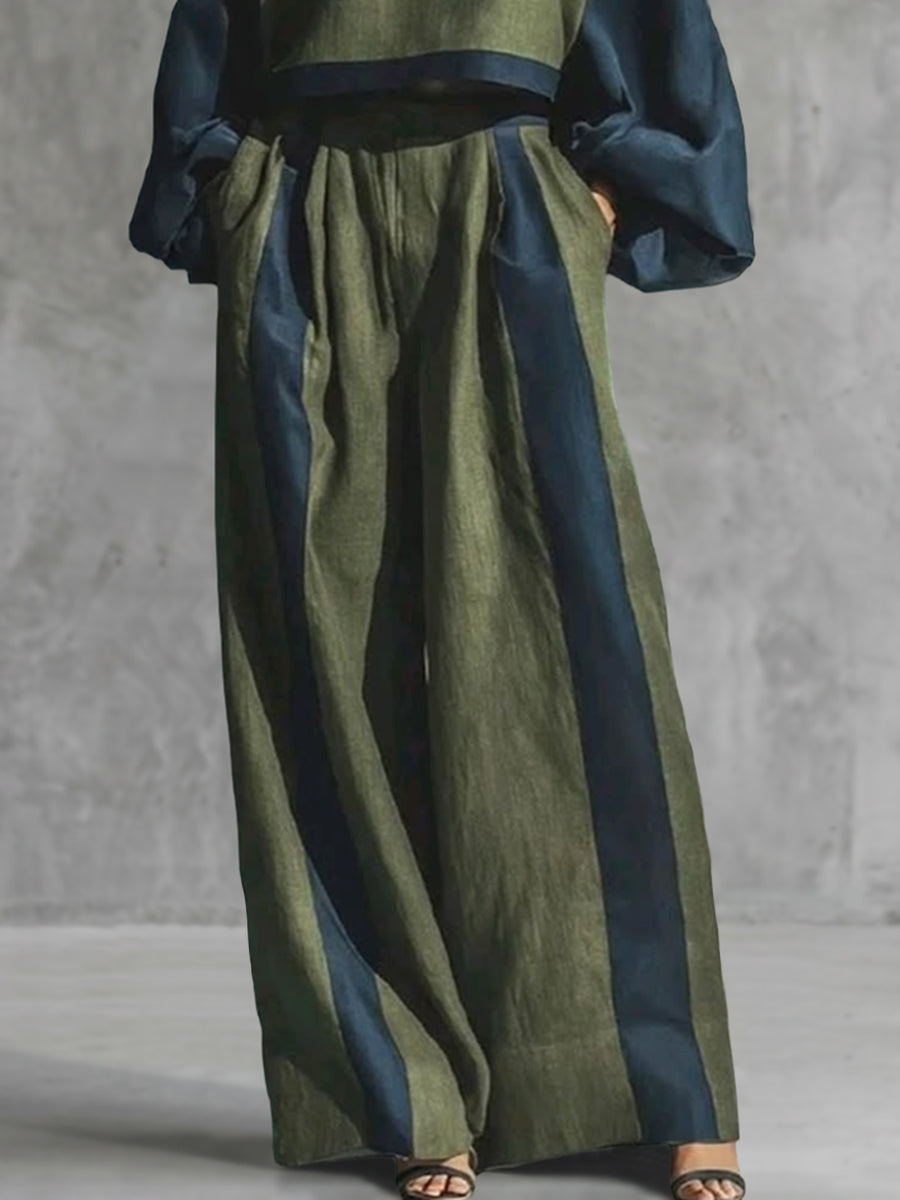 Split-Joint Pockets Elasticity Contrast Color Wide Leg High Waisted Trousers Pants