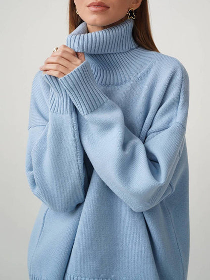 Long Sleeves Loose Solid Color High Neck Knitwear Pullovers Sweater Tops