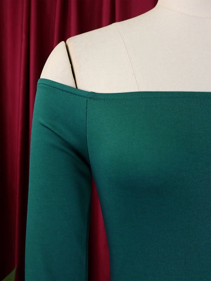 Bodycon Flared Sleeves Falbala Solid Color Split-side Off-the-shoulder Maxi Dresses