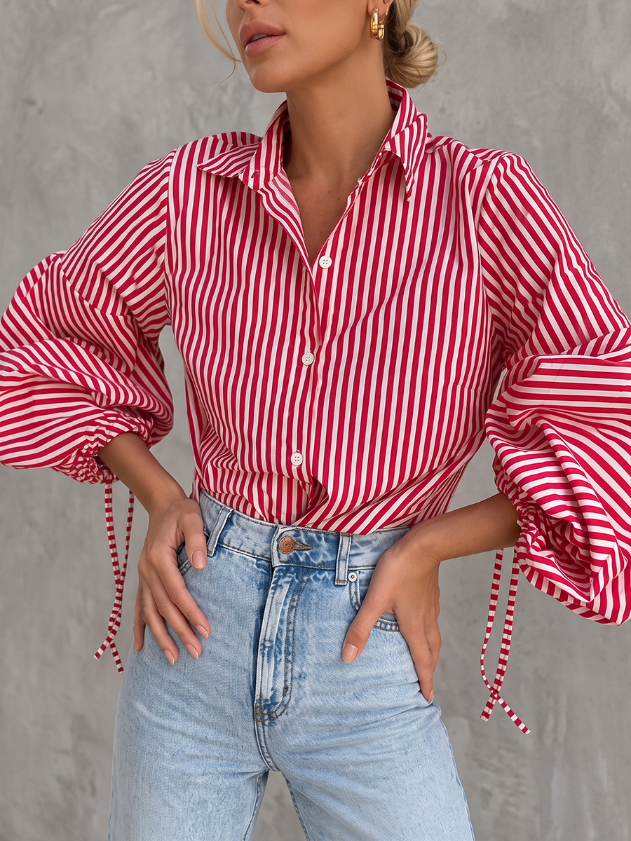 Striped Split-Joint Drawstring Buttoned Puff Sleeves Loose Lapel Blouses&shirts Tops
