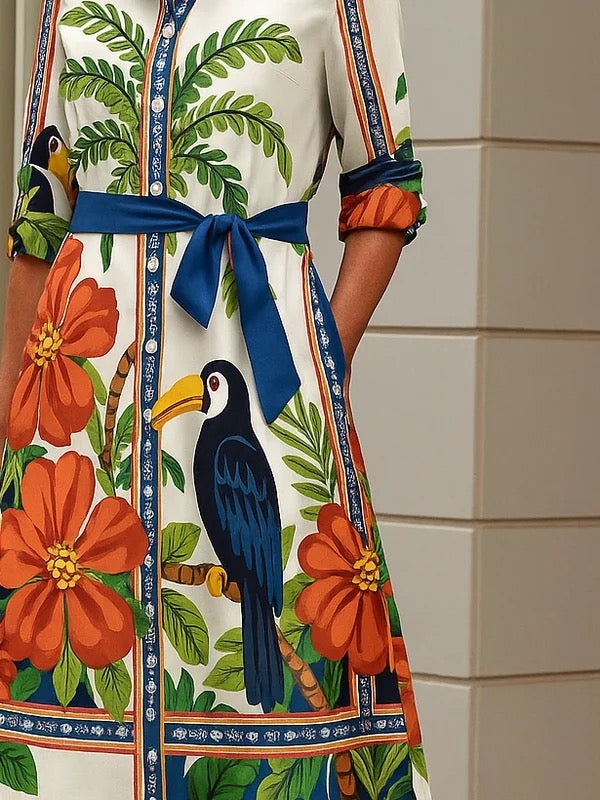 A-Linie, lange Ärmel, geknöpft, Kontrastfarbe, Blumendruck, Taschen, gebundene Taille, Revers, Midi-Kleid 