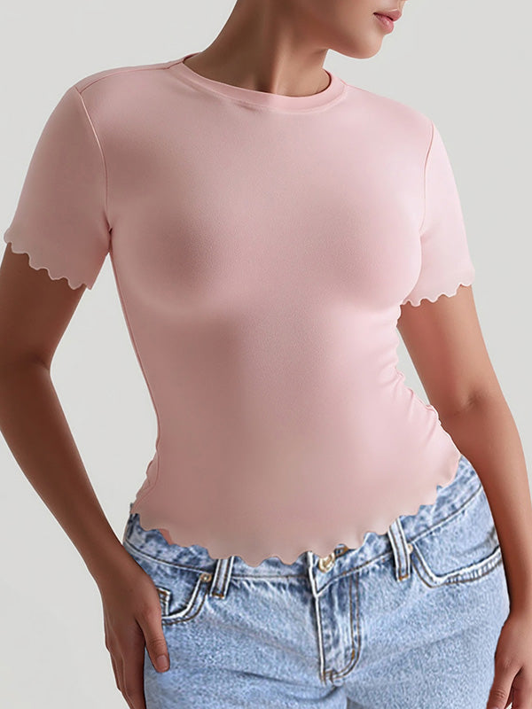 Short Sleeves Skinny Solid Color Round-Neck T-Shirts Tops PINK