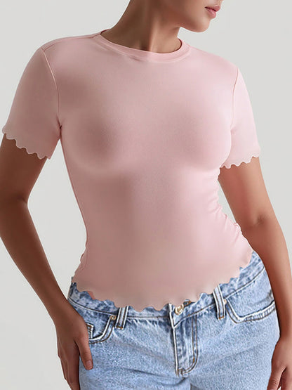 Short Sleeves Skinny Solid Color Round-Neck T-Shirts Tops PINK