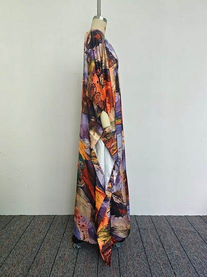 Batwing Sleeves Loose Gauze Printed Split-Joint V-Neck Maxi Dresses