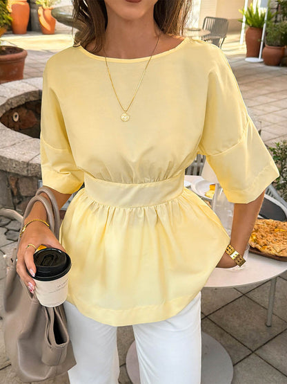 Elasticated Waist Half Sleeves Pleated Solid Color Round-Neck Blouses&Shirts Tops