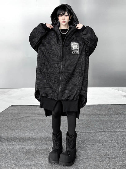 High-Low Irregularity Abstract Printed Contrast Color Split-Joint Zipper Hooded Outerwear Overcoat