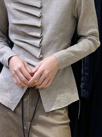 Long Sleeves Pleated Solid Color High Neck Pullovers