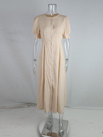 High Waisted Loose Buttoned Round-Neck Midi Dresses