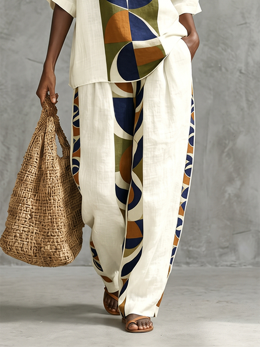 Split-Joint Printed Pockets Wide Leg Loose Trousers Pants