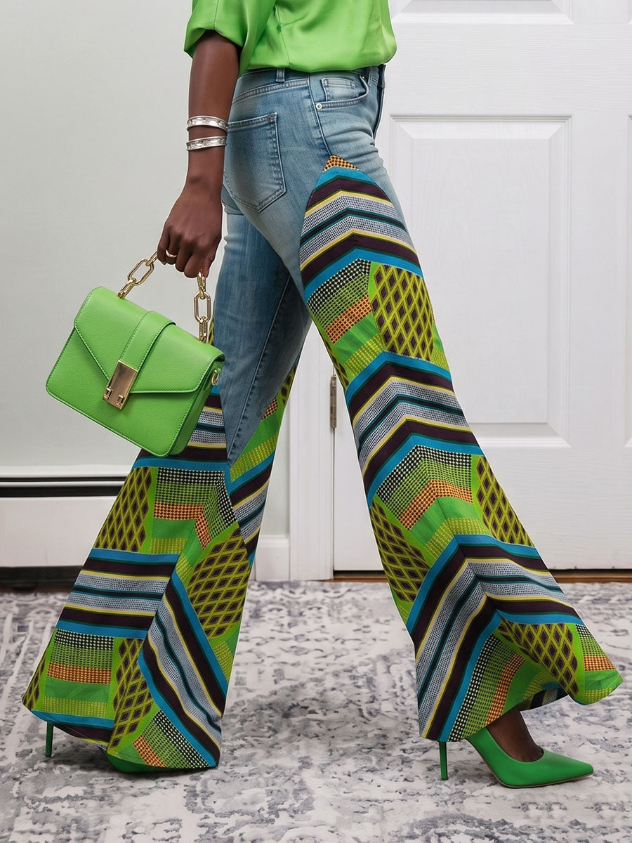 High Waisted Wide Leg Buttoned Contrast Color Pockets Split-Joint Striped Zipper Jean Pants Bottoms