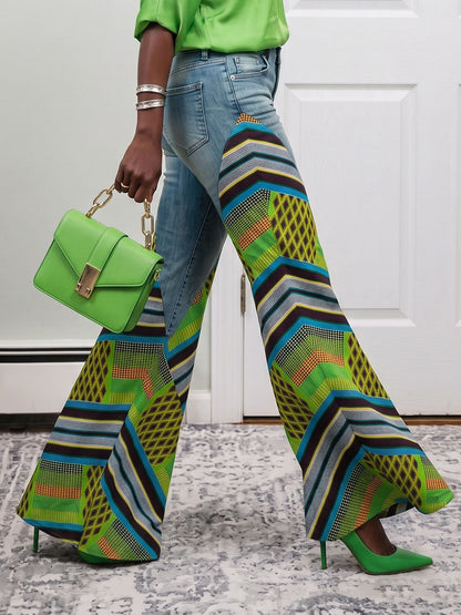 High Waisted Wide Leg Buttoned Contrast Color Pockets Split-Joint Striped Zipper Jean Pants Bottoms