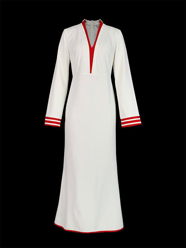 Robe longue moulante à manches longues et col en V profond, couleur contrastée, plissée et élastique 