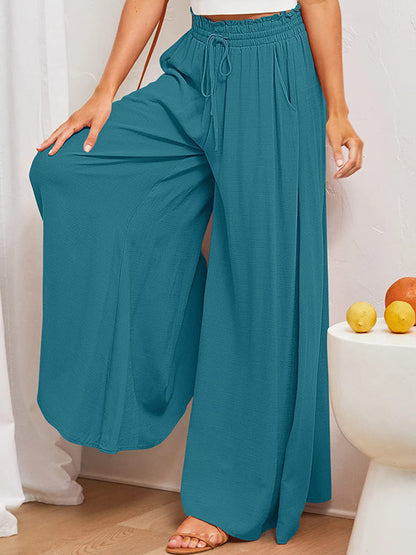 High Waisted Loose Drawstring Elasticity Pleated Pockets Solid Color Pants Trousers