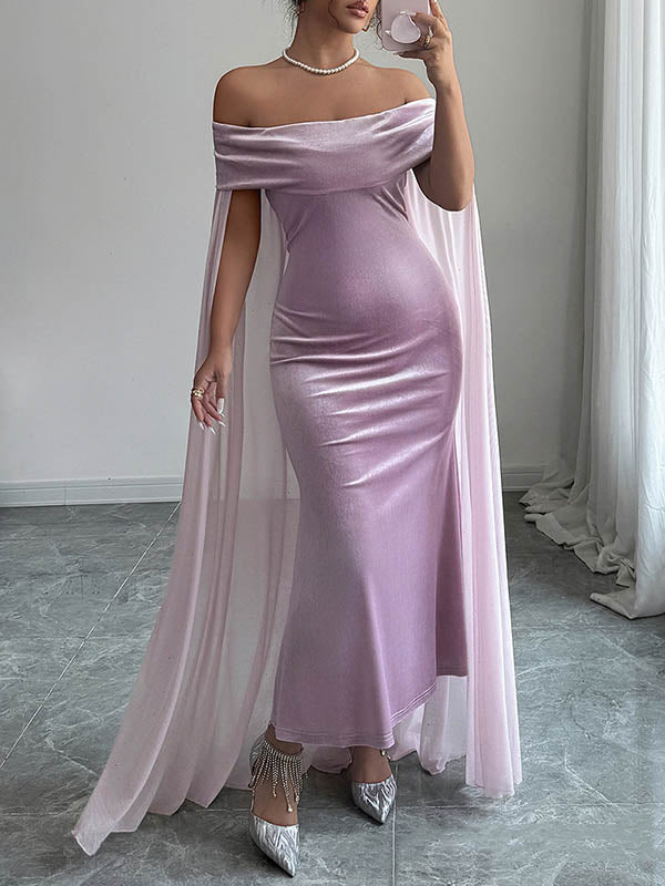 Bodycon Cape Solid Color Velvet Off-the-shoulder Midi Dresses