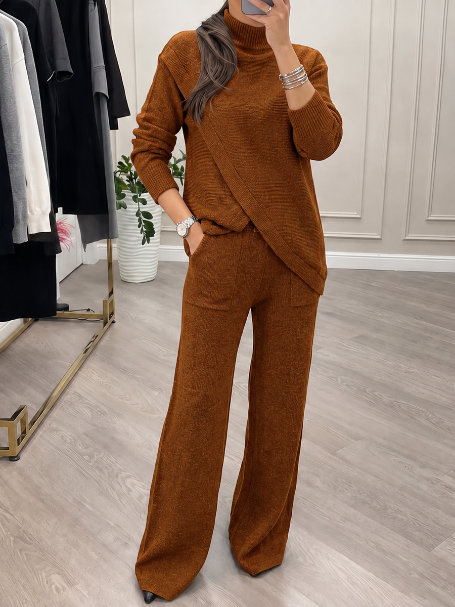 Solid Color Ribbed Knit Stand Collar Long Sleeves Asymmetric Sweater Tops + Wide Leg Trousers Pants Two Pieces Set