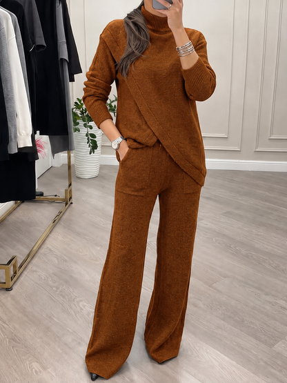 Solid Color Ribbed Knit Stand Collar Long Sleeves Asymmetric Sweater Tops + Wide Leg Trousers Pants Two Pieces Set