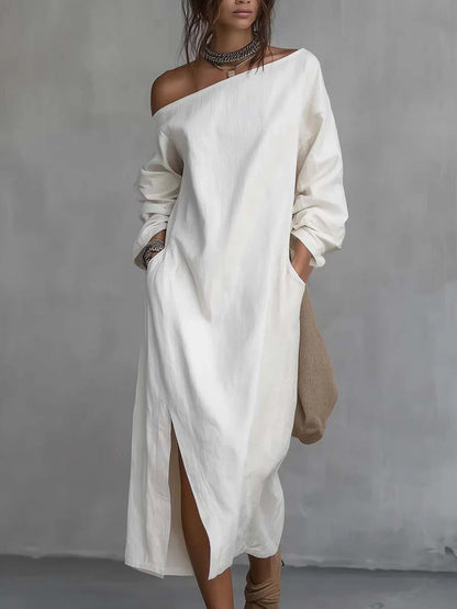 Solid Color Pockets Loose Long Sleeves One-Shoulder Midi Dresses