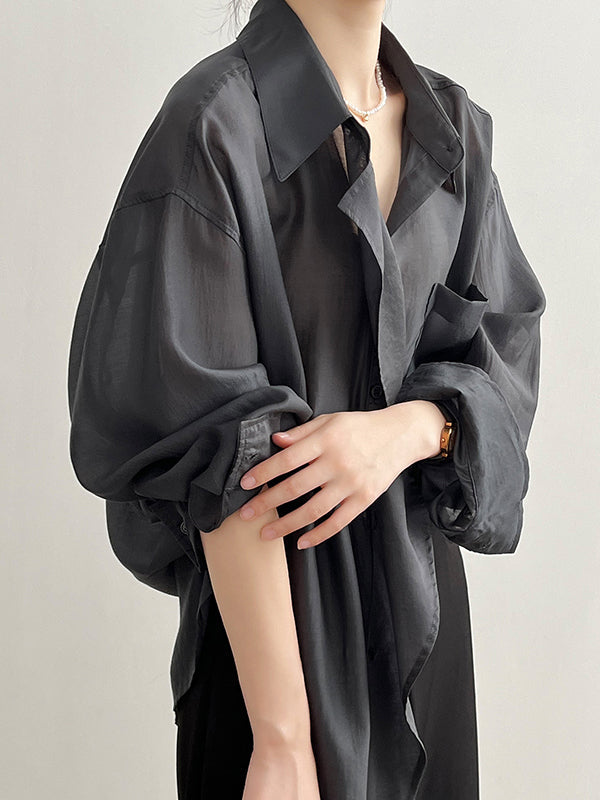 Irregular Clipping Long Sleeves Solid Color Lapel Blouses&Shirts Tops