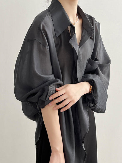 Irregular Clipping Long Sleeves Solid Color Lapel Blouses&Shirts Tops