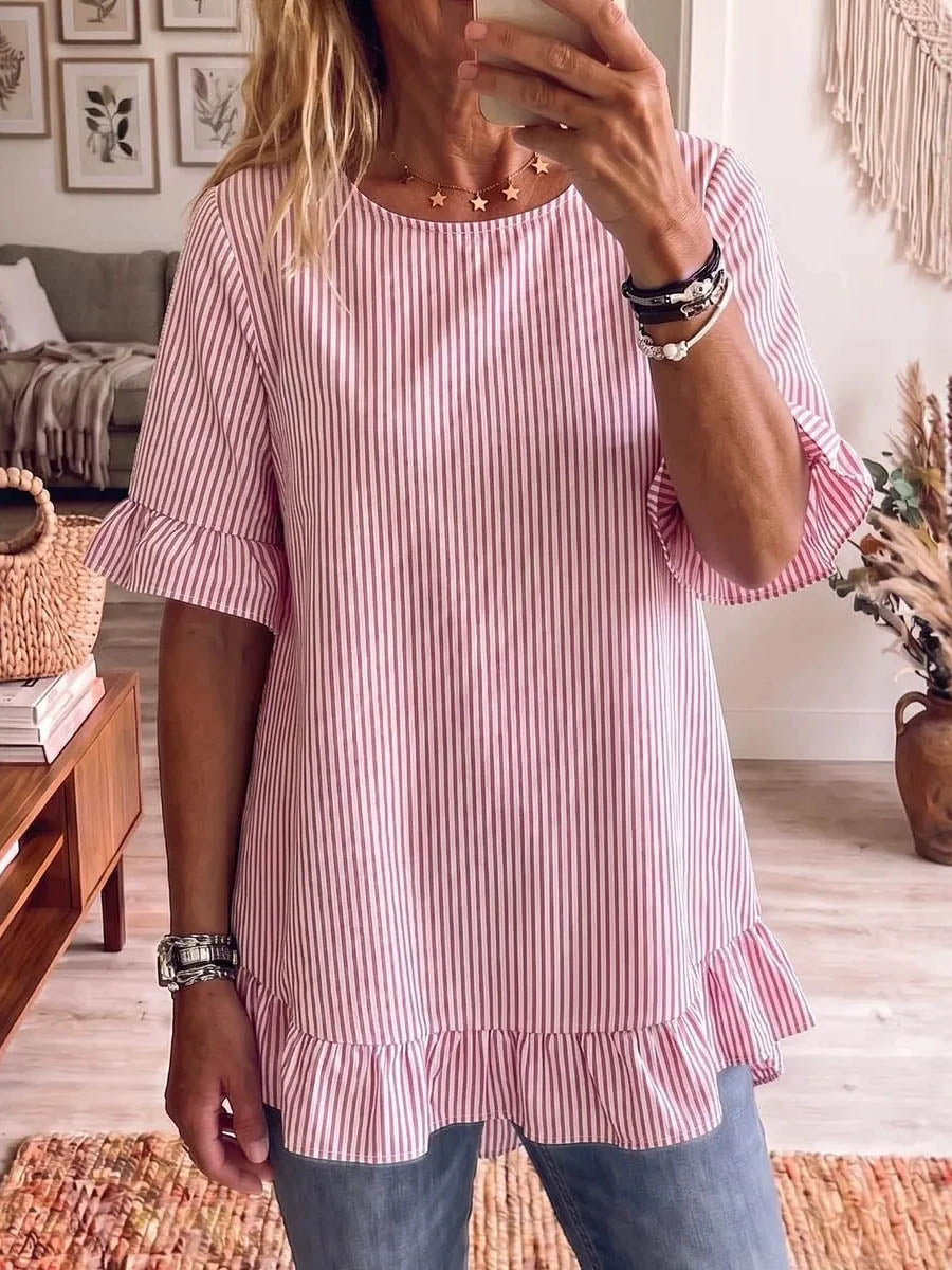 Half Sleeves Loose Pleated Ruffle Trim Striped Round-Neck Blouses&Shirts Tops