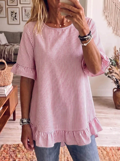 Half Sleeves Loose Pleated Ruffle Trim Striped Round-Neck Blouses&Shirts Tops