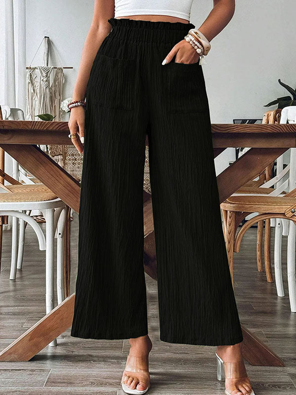 Loose Wide Leg Elasticity Pleated Pockets Solid Color Split-Joint Pants Trousers