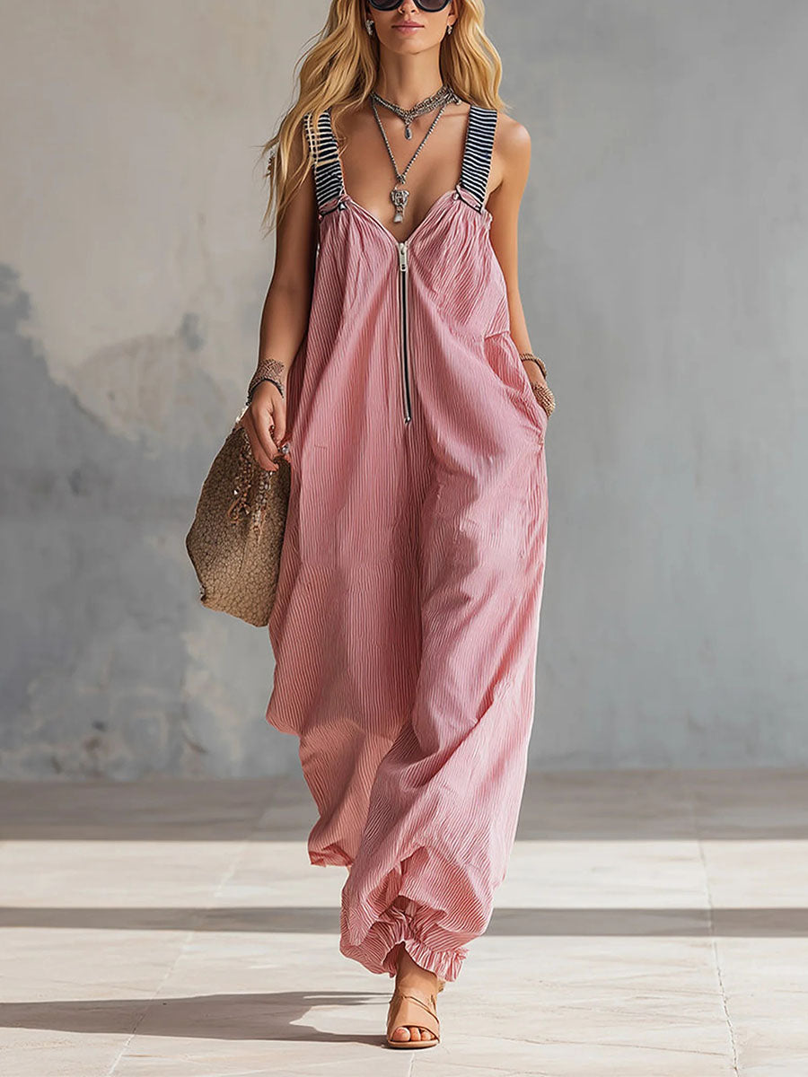 Loose Sleeveless Adjustable Elasticity Pleated Pockets Split-Joint Striped Zipper Deep V-Neck Jumpsuits