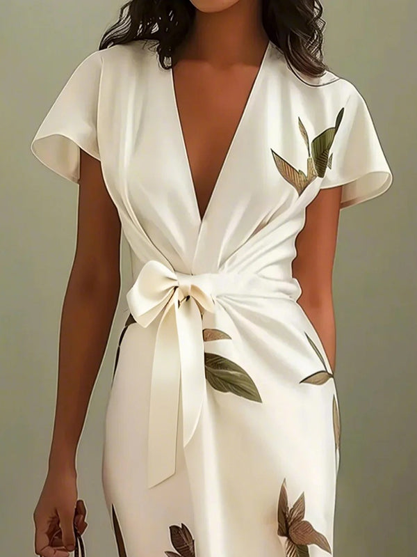 Robe mi-longue asymétrique plissée à manches raglan et col en V 