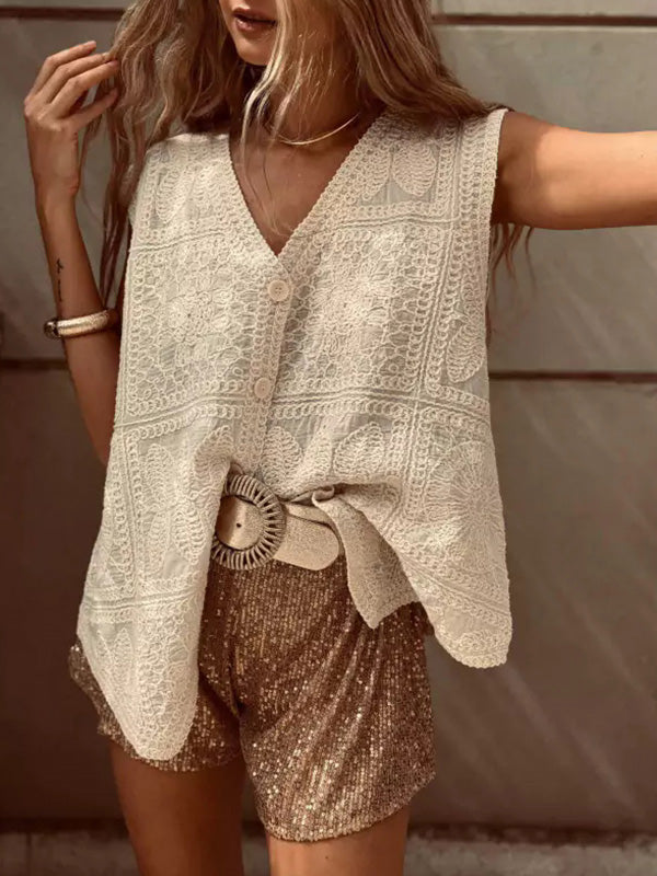 Loose Sleeveless Buttoned Crochet Embroidered V-Neck Vest Top