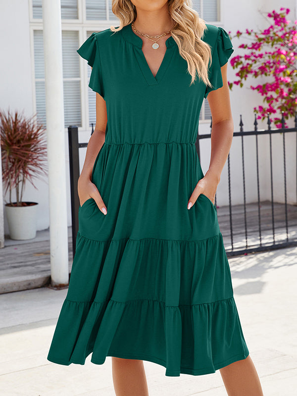Loose Ruffle Sleeves Pleated Pockets Solid Color Split-Joint V-Neck Midi Dresses