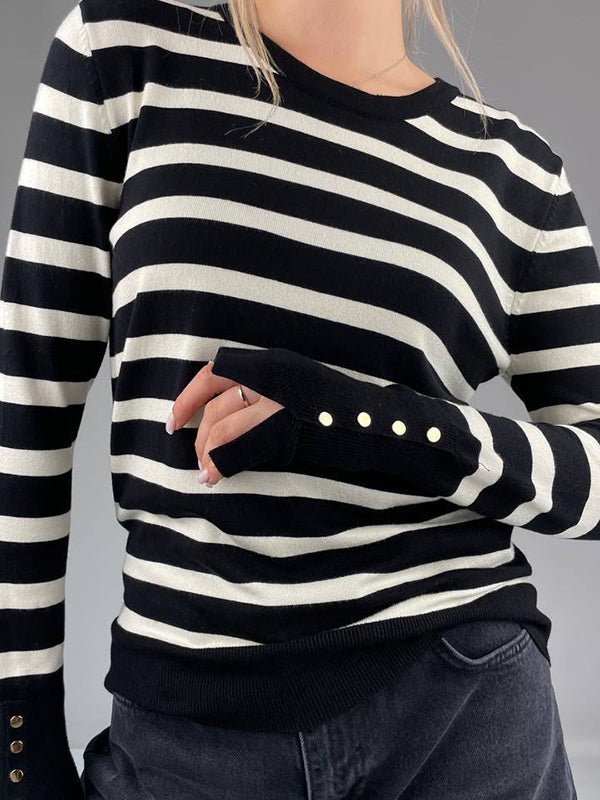 Long Sleeves Buttoned Contrast Color Striped Round-Neck Sweater Tops