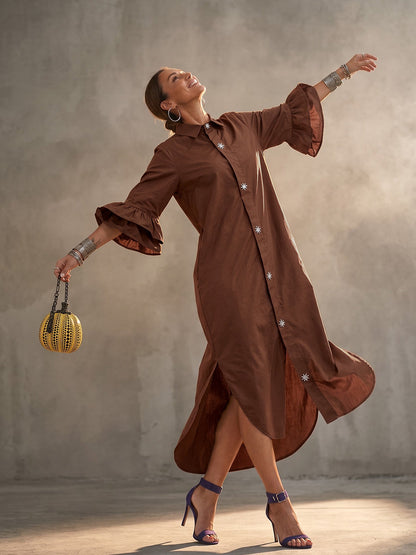 Split-side Solid Color Buttoned Three-quarter Sleeves Ruffle Sleeves Lapel Maxi Dresses