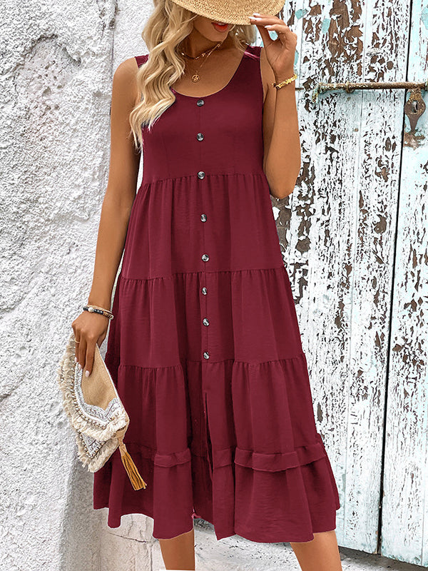 Loose Sleeveless Buttoned Solid Color Tiered Round-neck Midi Dresses
