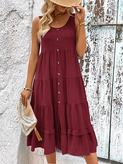 Loose Sleeveless Buttoned Solid Color Tiered Round-neck Midi Dresses