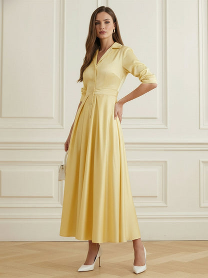 A-Line Elasticated Waist Buttoned Pleated Solid Color Split-Joint Notched Collar Blazer Maxi Dresses