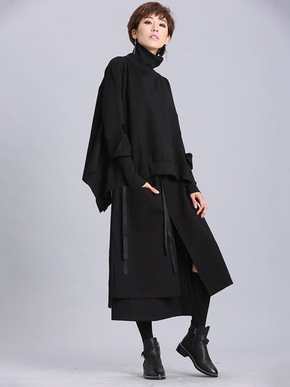 Raised Bands Split-Joint Asymmetric Black Empire Skirt