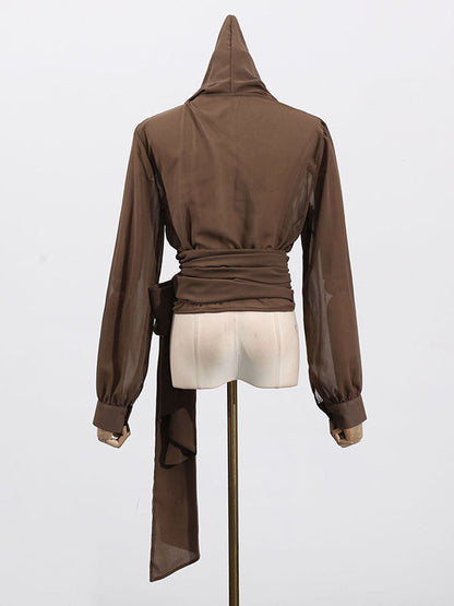 Long Sleeves Loose Pleated See-Through Solid Color Tied Waist Hooded Blouses&Shirts Tops