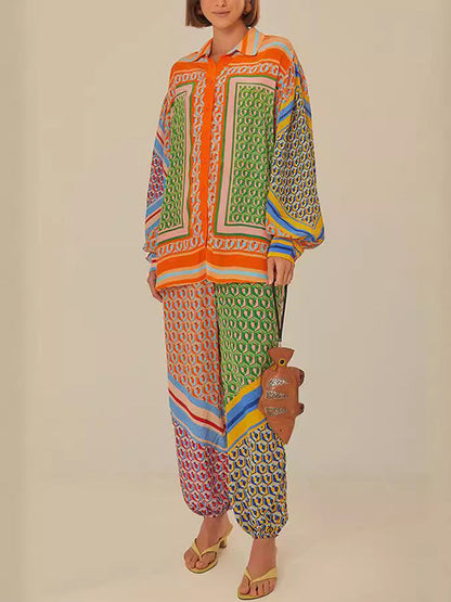 Multi-Color Patchwork Long-Sleeved Lapel Shirt Top + Baggy Pants Pocket Casual Pants Two-Piece Set