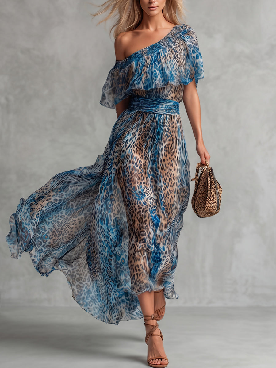 A-Line High Waisted Contrast Color Elasticity Leopard One-Shoulder Maxi Dresses
