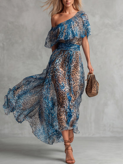 A-Line High Waisted Contrast Color Elasticity Leopard One-Shoulder Maxi Dresses