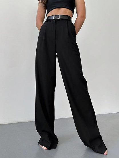 High Waisted Loose No Belt Solid Color Suit Pants Trousers